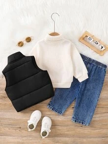SHEIN 3件組男嬰秋冬休閒加厚抓絨背心外套白色高領上衣與牛仔褲套裝 外穿服飾 嬰兒滑雪套裝 - 彩色 - 查看 2