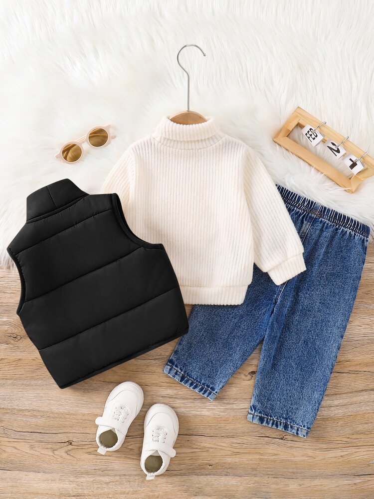 SHEIN 3pcs Baby Boy Autumn/Winter Casual Thick Fleece Vest Jacket White High Neck Top And Denim Pants Set Outerwear Outfit Infant Skiing Suit - Multicolor - View 2