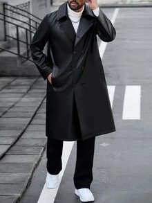 Manfinity CasualCool جاكيت كاجوال رجالي من جلد PU بلون موحد بأكمام طويلة وأزرار مزدوجة - الأسود - مشاهدة 3