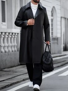 Manfinity CasualCool جاكيت كاجوال رجالي من جلد PU بلون موحد بأكمام طويلة وأزرار مزدوجة - الأسود - مشاهدة 4