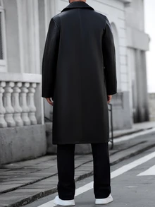 Manfinity CasualCool جاكيت كاجوال رجالي من جلد PU بلون موحد بأكمام طويلة وأزرار مزدوجة - الأسود - مشاهدة 2