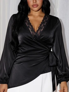 Rustia Black Satin Wrap Top Lace V-Neck Tie Waist Asymmetrical Long Sleeve Blouse Fall - Black - View 3
