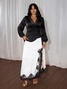 Rustia Black Satin Wrap Top Lace V-Neck Tie Waist Asymmetrical Long Sleeve Blouse Fall - Black - View 6