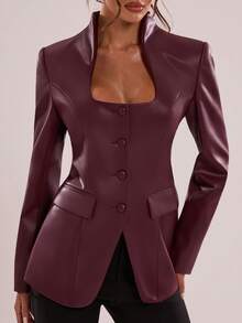 SHEIN BAE Shoulder Pad PU Leather Blazer, Christmas,Social, Dinner Office Night Out Fall Elegant - Burgundy - View 1