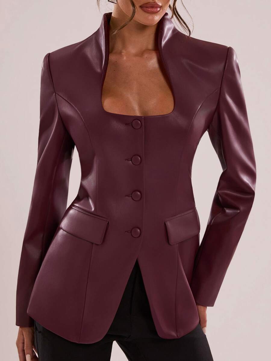 SHEIN BAE Shoulder Pad PU Leather Blazer, Christmas,Social, Dinner Office Night Out Fall Elegant - Burgundy - View 1