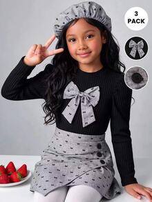 Elladie kids Young Girl Black Puff Sleeve Ribbed Knit Top With Bow Decoration On Chest, Printed Asymmetrical Skort And Matching Beret Hat, Suitable For Late Autumn, Early Winter, Early Spring - Grey - View 1