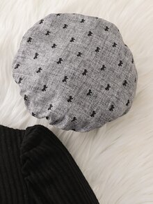 Elladie kids Young Girl Black Puff Sleeve Ribbed Knit Top With Bow Decoration On Chest, Printed Asymmetrical Skort And Matching Beret Hat, Suitable For Late Autumn, Early Winter, Early Spring - Grey - View 8