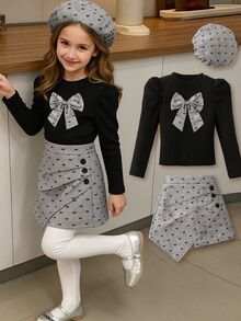 Elladie kids Young Girl Black Puff Sleeve Ribbed Knit Top With Bow Decoration On Chest, Printed Asymmetrical Skort And Matching Beret Hat, Suitable For Late Autumn, Early Winter, Early Spring - Grey - View 3
