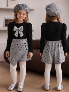 Elladie kids Young Girl Black Puff Sleeve Ribbed Knit Top With Bow Decoration On Chest, Printed Asymmetrical Skort And Matching Beret Hat, Suitable For Late Autumn, Early Winter, Early Spring - Grey - View 5