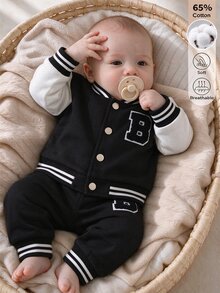 SHEIN 2件組新生兒秋季抓絨棉棒球套裝，柔軟親膚嬰兒休閒熱帶風棉質運動套裝，黑白配色家庭款 - 彩色 - 查看 3