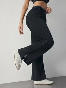 SHEIN Dewbera Casual Versatile Black High-Elastic Webbing Side Slit Design Comfortable Slimming Sports Long Pants - Black - View 5
