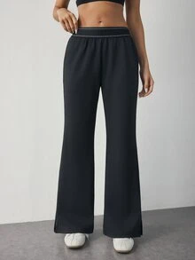 SHEIN Dewbera Casual Versatile Black High-Elastic Webbing Side Slit Design Comfortable Slimming Sports Long Pants - Black - View 4