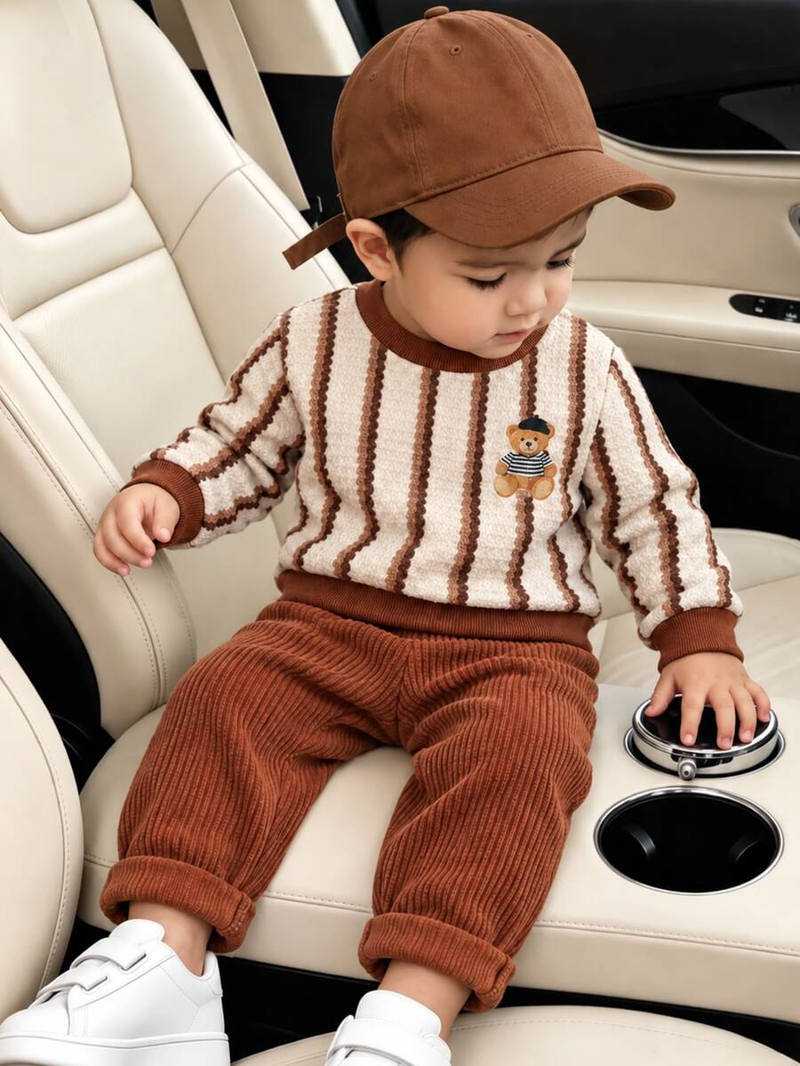 SHEIN 2pcs Baby Boy Sweatshirt Pants Set Cute Brown Beige Bear Ribbed Long Sleeve Round Neck Regular Holiday Fall Christmas Halloween Family Matching Y2k - Khaki - View 1
