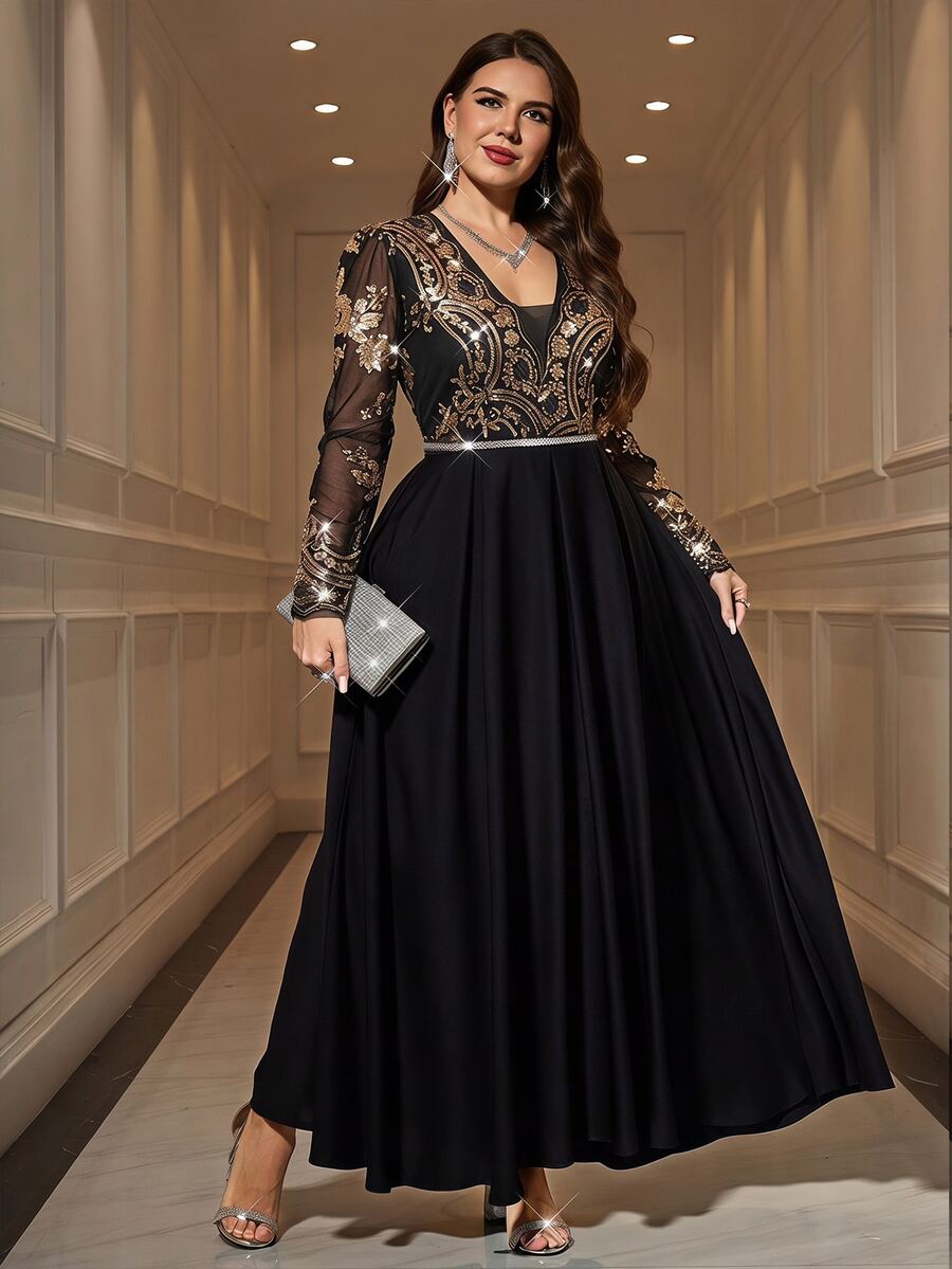 Reflora Plus Size Women's Elegant Patchwork Sequin Mesh Dress Fall - Black - View 1