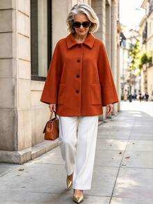 Offisola Women's Autumn/Winter Versatile Solid Color Elegant Vintage Noble Loose Casual Daily Commute Party Jacket - Rust Brown - View 1