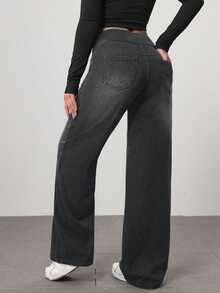 Flexra Women's High Waist Pocket Wide Leg Loose Casual Denim Jeans - Black - View 2