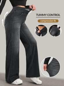 Flexra Women's High Waist Pocket Wide Leg Loose Casual Denim Jeans - Black - View 1