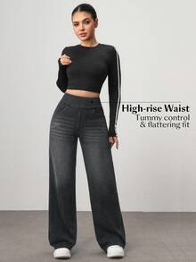 Flexra Women's High Waist Pocket Wide Leg Loose Casual Denim Jeans - Black - View 3