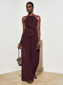 Zivah Blus Chiffon Berlapis Tanpa Lengan dengan Detail Kerut yang Elegan, Warna Burgundy, Atasan Musim Panas Cokelat Kopi untuk Liburan Musim Panas, Cocok untuk Festival Musik, Kencan, Gaya Barat, dan Pesta. - Coffee Brown - View 8