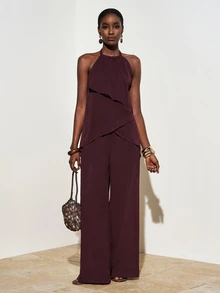 Zivah Blus Chiffon Berlapis Tanpa Lengan dengan Detail Kerut yang Elegan, Warna Burgundy, Atasan Musim Panas Cokelat Kopi untuk Liburan Musim Panas, Cocok untuk Festival Musik, Kencan, Gaya Barat, dan Pesta. - Coffee Brown - View 7