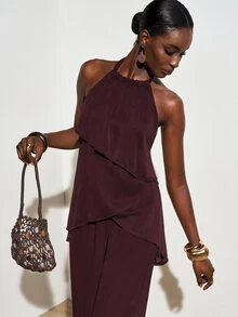 Zivah Blus Chiffon Berlapis Tanpa Lengan dengan Detail Kerut yang Elegan, Warna Burgundy, Atasan Musim Panas Cokelat Kopi untuk Liburan Musim Panas, Cocok untuk Festival Musik, Kencan, Gaya Barat, dan Pesta. - Coffee Brown - View 6