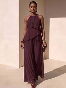 Zivah Blus Chiffon Berlapis Tanpa Lengan dengan Detail Kerut yang Elegan, Warna Burgundy, Atasan Musim Panas Cokelat Kopi untuk Liburan Musim Panas, Cocok untuk Festival Musik, Kencan, Gaya Barat, dan Pesta. - Coffee Brown - View 2