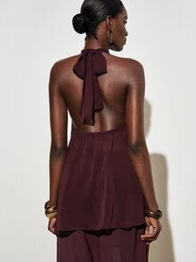 Zivah Blus Chiffon Berlapis Tanpa Lengan dengan Detail Kerut yang Elegan, Warna Burgundy, Atasan Musim Panas Cokelat Kopi untuk Liburan Musim Panas, Cocok untuk Festival Musik, Kencan, Gaya Barat, dan Pesta. - Coffee Brown - View 3