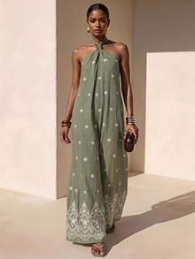 Zivah Women's Olive Green Printed Resort Jumpsuit,Summer Boho Wide-Leg Design With Knotted Front & Cutout Back,Perfect For Beach Vacation,Holiday,Holiday - Army Green - View 2