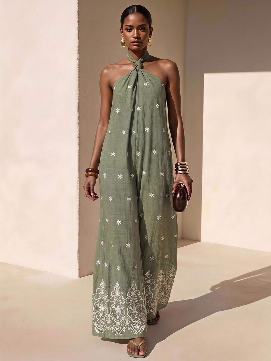 Zivah Women's Olive Green Printed Resort Jumpsuit,Summer Boho Wide-Leg Design With Knotted Front & Cutout Back,Perfect For Beach Vacation,Holiday,Holiday