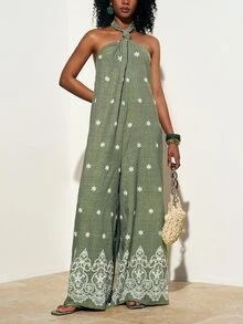 Zivah Women's Olive Green Printed Resort Jumpsuit,Summer Boho Wide-Leg Design With Knotted Front & Cutout Back,Perfect For Beach Vacation,Holiday,Holiday - Army Green - View 8