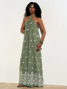 Zivah Women's Olive Green Printed Resort Jumpsuit,Summer Boho Wide-Leg Design With Knotted Front & Cutout Back,Perfect For Beach Vacation,Holiday,Holiday - Army Green - View 5