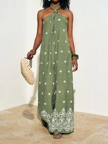 Zivah Women's Olive Green Printed Resort Jumpsuit,Summer Boho Wide-Leg Design With Knotted Front & Cutout Back,Perfect For Beach Vacation,Holiday,Holiday - Army Green - View 7
