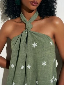 Zivah Women's Olive Green Printed Resort Jumpsuit,Summer Boho Wide-Leg Design With Knotted Front & Cutout Back,Perfect For Beach Vacation,Holiday,Holiday - Army Green - View 6