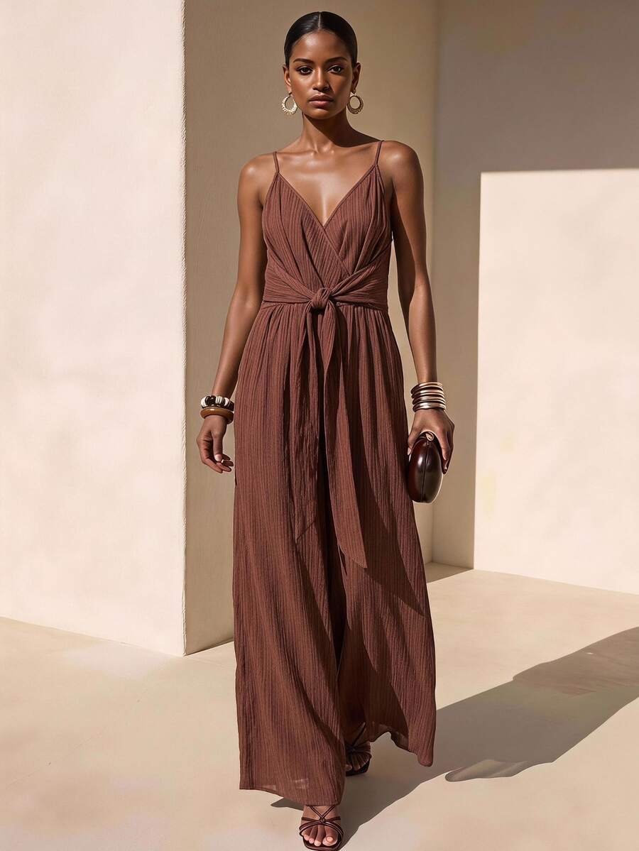 Zivah Elegant Maroon Summer Vacation Holiday Linen Textured Wide-Leg Jumpsuit For Women,Boho V-Neck Straps Pleated Loose Casual Solid Brown Color Romper - Brown - View 1