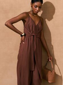 Zivah Elegant Maroon Summer Vacation Holiday Linen Textured Wide-Leg Jumpsuit For Women,Boho V-Neck Straps Pleated Loose Casual Solid Brown Color Romper - Brown - View 6