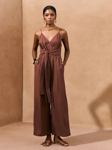Zivah Elegant Maroon Summer Vacation Holiday Linen Textured Wide-Leg Jumpsuit For Women,Boho V-Neck Straps Pleated Loose Casual Solid Brown Color Romper - Brown - View 3