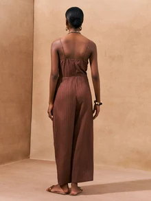 Zivah Elegant Maroon Summer Vacation Holiday Linen Textured Wide-Leg Jumpsuit For Women,Boho V-Neck Straps Pleated Loose Casual Solid Brown Color Romper - Brown - View 2
