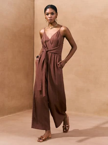 Zivah Elegant Maroon Summer Vacation Holiday Linen Textured Wide-Leg Jumpsuit For Women,Boho V-Neck Straps Pleated Loose Casual Solid Brown Color Romper - Brown - View 4
