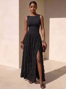 Zivah 2026 Spring/Summer Elegant New Arrival Sleeveless Backless Black Long Dress,Pleated Fabric Hem Evening Gown - Black - View 2