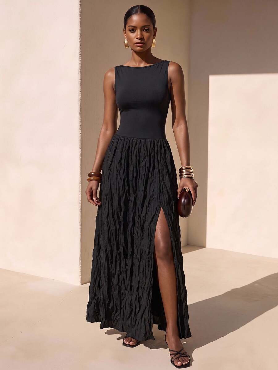 Zivah 2026 Spring/Summer Elegant New Arrival Sleeveless Backless Black Long Dress,Pleated Fabric Hem Evening Gown
