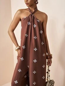 Zivah Summer Brown Floral Halter Backless Jumpsuit, Vintage Boho Vacation Holiday Faux Embroidery Romper, Western Nomadic Style Beach Party Wedding Guest - Army Green - View 9