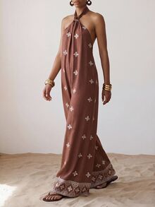 Zivah Summer Brown Floral Halter Backless Jumpsuit, Vintage Boho Vacation Holiday Faux Embroidery Romper, Western Nomadic Style Beach Party Wedding Guest - Army Green - View 6