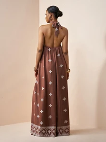 Zivah Summer Brown Floral Halter Backless Jumpsuit, Vintage Boho Vacation Holiday Faux Embroidery Romper, Western Nomadic Style Beach Party Wedding Guest - Army Green - View 3