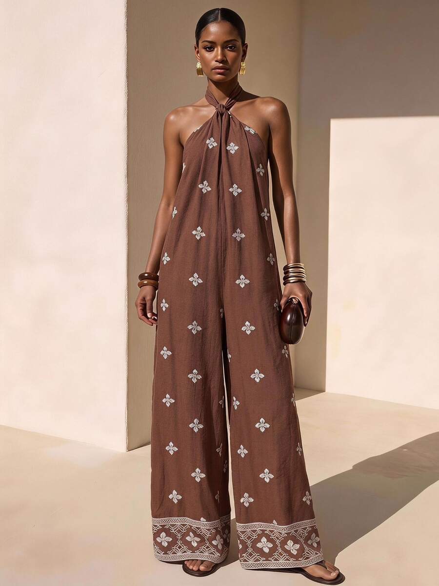 Zivah Summer Brown Floral Halter Backless Jumpsuit, Vintage Boho Vacation Holiday Faux Embroidery Romper, Western Nomadic Style Beach Party Wedding Guest