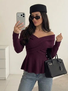 Firerie Women's Elegant Cross Wrap Collar Ruffle Hem Solid Color Long Sleeve Sweater, Fall/ Style, Deep Burgundy Elastic V-Neck Sexy Brunch Going Out - Burgundy - View 4