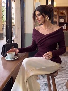 Firerie Women's Elegant Cross Wrap Collar Ruffle Hem Solid Color Long Sleeve Sweater, Fall/ Style, Deep Burgundy Elastic V-Neck Sexy Brunch Going Out - Burgundy - View 3