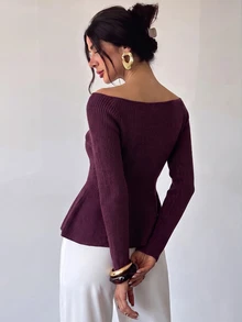 Firerie Women's Elegant Cross Wrap Collar Ruffle Hem Solid Color Long Sleeve Sweater, Fall/ Style, Deep Burgundy Elastic V-Neck Sexy Brunch Going Out - Burgundy - View 6
