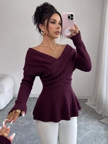 Firerie Women's Elegant Cross Wrap Collar Ruffle Hem Solid Color Long Sleeve Sweater, Fall/ Style, Deep Burgundy Elastic V-Neck Sexy Brunch Going Out - Burgundy - View 5