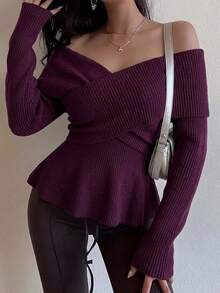 Firerie Women's Elegant Cross Wrap Collar Ruffle Hem Solid Color Long Sleeve Sweater, Fall/ Style, Deep Burgundy Elastic V-Neck Sexy Brunch Going Out - Burgundy - View 2