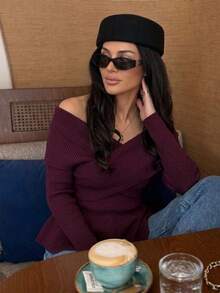 Firerie Women's Elegant Cross Wrap Collar Ruffle Hem Solid Color Long Sleeve Sweater, Fall/ Style, Deep Burgundy Elastic V-Neck Sexy Brunch Going Out - Burgundy - View 1